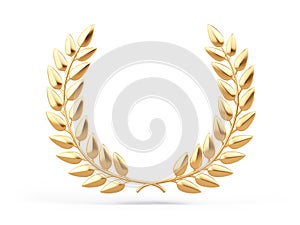 Golden laurel wreath isolated on white background. Trophy, award, champion concept