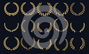 Golden laurel wreath. Realistic crown, leaf shapes winner prize, foliate crest 3D emblems. Vector laurel silhouettes and photo