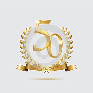 Golden laurel wreaths with ribbons and fifty anniversary year symbol on dark background. 50 anniversary golden symbol