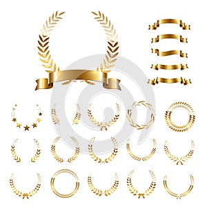 Golden laurel wreaths and ribbons set on white background. Set of foliate award wreath for championship or cinema photo