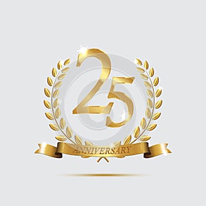 Golden laurel wreaths with ribbons and twenty fifth anniversary year symbol on light background. 25 anniversary golden