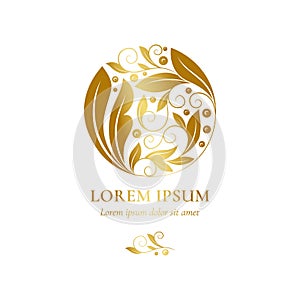 Golden leaf emblem. Elegant, classic vector. Can be used for jewelry, beauty and fashion industry.