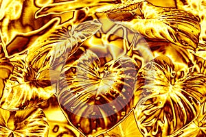 Golden leaves water drops background, gold flower leaf texture, yellow metal tropical foliage backdrop, floral branch pattern