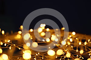 The golden LED light bokeh blurred abstract pattern background