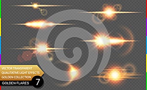 golden lens flare line. Glow transparent vector light effect set, explosion, sun flash, and star burst. Abstract