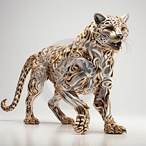 Golden Leopard 3d Graphic With Metal Chain - Wood Sculptor Style