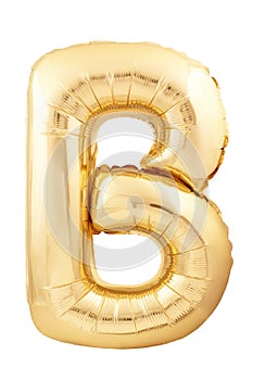 Golden letter B made of inflatable balloon isolated on white background. One of full alphabet set