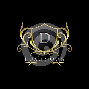 Golden Letter D Luxurious Shield Logo, vector design concept for luxuries business identity