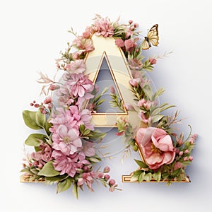 Golden letter \'A\' with flowers, white background