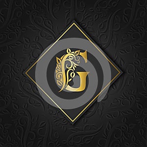 Golden letter G with elegant floral contour isolated on colorful separate background. Premium letter G or background can