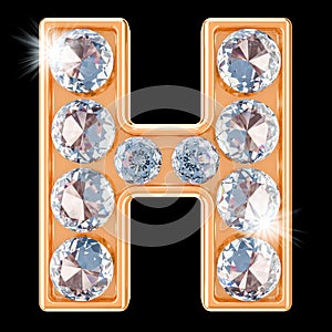 Golden letter H with diamonds. 3D rendering