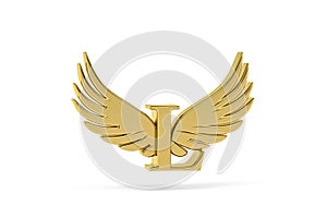 Golden letter L - three dimensional letter L with angel wings on white background