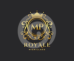 Golden Letter MP template logo Luxury gold letter with crown. Monogram alphabet . Beautiful royal initials letter