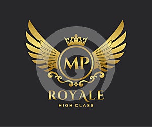 Golden Letter MP template logo Luxury gold letter with crown. Monogram alphabet . Beautiful royal initials letter