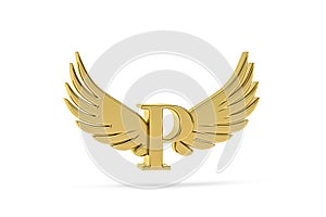 Golden letter P - three dimensional letter P with angel wings on white background