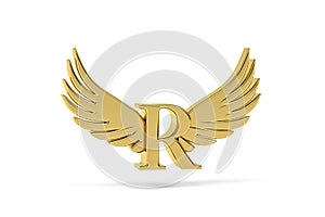 Golden letter R - three dimensional letter R with angel wings on white background