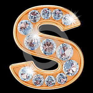 Golden letter S with diamonds. 3D rendering