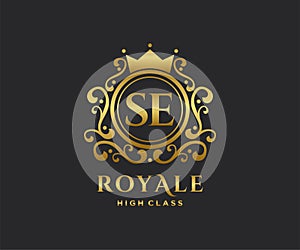 Golden Letter SE template logo Luxury gold letter with crown. Monogram alphabet . Beautiful royal initials letter