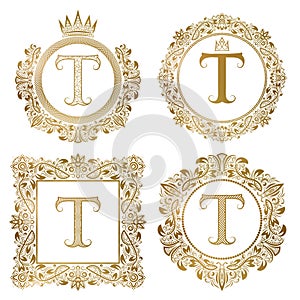 Golden letter T vintage monograms set. Heraldic coats of arms, round and square frames