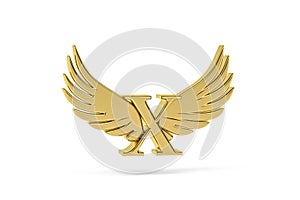 Golden letter X - three dimensional letter X with angel wings on white background