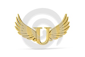 Golden letter U - three dimensional letter U with angel wings on white