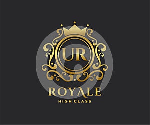 Golden Letter UR template logo Luxury gold letter with crown. Monogram alphabet . Beautiful royal initials letter