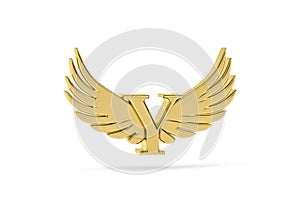 Golden letter Y - three dimensional letter Y with angel wings on white background