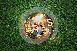 Golden Lettering Bets with soccer ball and green lawn background. Bets, sports betting, watch sports and bet. flat lay, top view