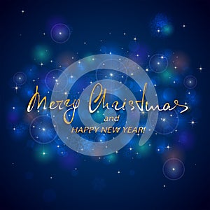 Golden lettering Merry Christmas and Happy New Year on blue back