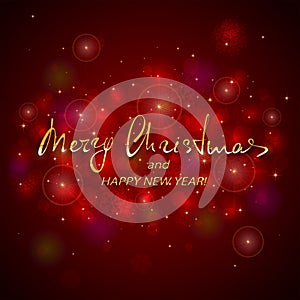 Golden lettering Merry Christmas and Happy New Year on red background