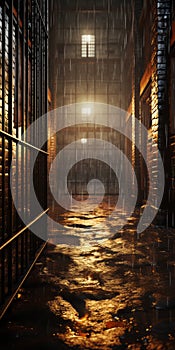 Golden Light: A 3d Rendering Of A Rainy Night In A Prison