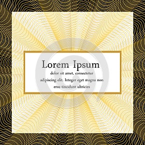 Golden light, beam vector cover, background. Square card design with abstract quilloche irradiate lines