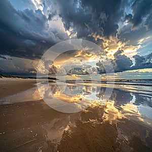 Golden Light Breaking Through Dramatic Storm Clouds Over a Reflective Beach