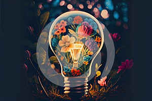 Golden light bulb on with flowers