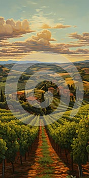 Golden Light: A Cinquecento Inspired Landscape Painting Of An Italian Vineyard