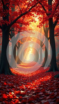 Golden light filters through canopy, red leaf strewn path, sun, trees, leaves