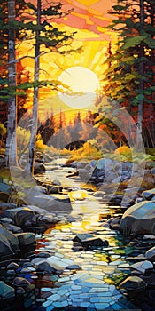 Golden Light: A Hyper-detailed Painting Of A Creek In A Forest