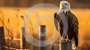 Golden Light: An Iconic American Bald Eagle Perched On A Fence Post