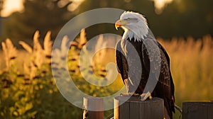 Golden Light: Majestic Bald Eagle Perched On Fence With Sun In Background