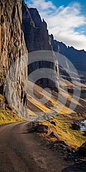 Golden Light: Majestic Road Along Iceland\'s Rocky Mountain