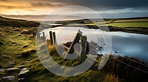 Golden Light: Moody Landscape Of Lagoon On English Moors