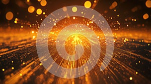 Golden light particles streaming digital data background