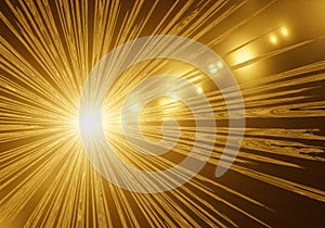 Golden light rays exploding outward through digital data streams abstract background