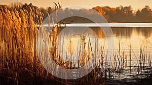 Golden Light: A Serene Lake With Reeds And Trees