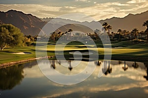 Golden Light Shines on Indian Wells Golf Resort, a Desert Oasis in Palm Springs. AI