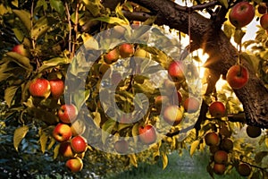 golden light shining on ripe apples hanging from tree