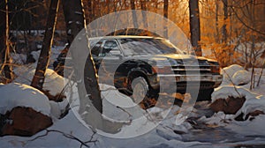 Das licht schneebedeckt Szene aus alt auto wald 