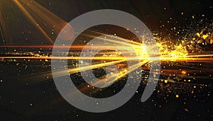 Golden light streaks and particles exploding in dark abstract space background explosion