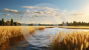 Golden Light: A Stunning 3d Model Of A Sunlit Lake With Long Grass