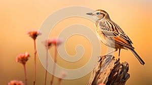 Golden Light: Stunning Hd Photo Of A Lark Perched On A Brown Stem